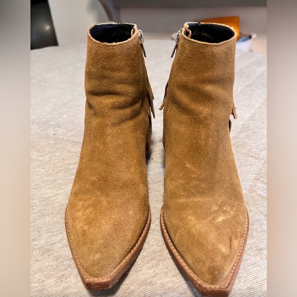 ALL SAINTS Sz 7 / 37 Brown Suede Selarno Fringe Cowboy Booties Orig $370